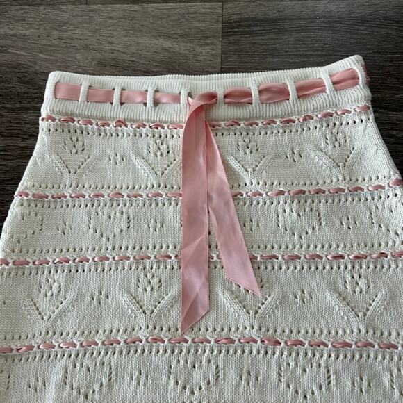 NWOT Bernadette Nina Heart Pointelle Knit Mini Skirt White Pink Ribbon Trim Lace - Picture 8 of 15